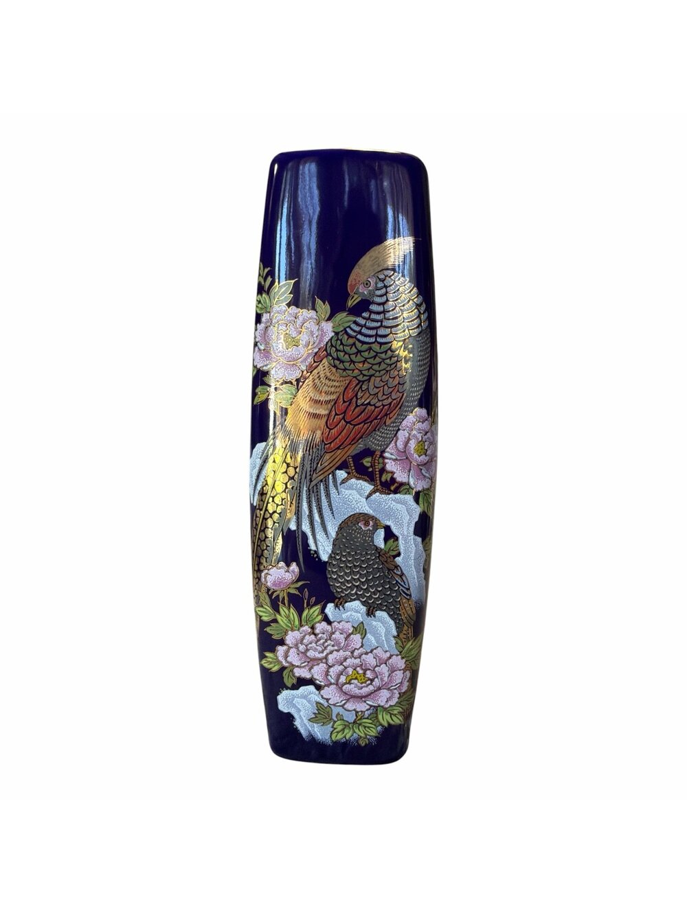 Japanese Vase Peacock and Peony Design Blue Rectangular Floral Pottery Meitoen 9